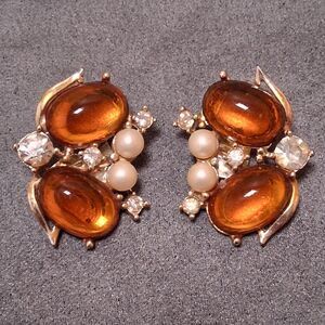 Vintage Orange Rhinestone Earrings Faux Pearl Clip Backs